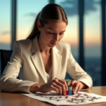 "A young adult in a crisp white business suit intensely focuses on solving a complex puzzle or Rubik's cube at a minimalist desk amidst a modern office space with a cityscape view."