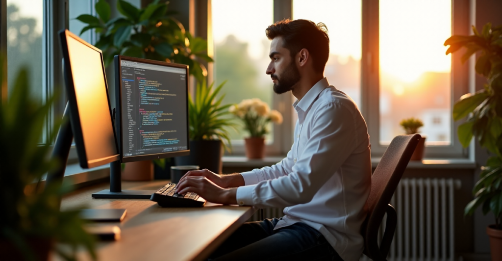 "A freelance professional sits comfortably in a well-lit home office, surrounded by lush greenery, with hands paused on an AI-powered automation software coding interface."