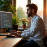 "Transform Your Freelance Career into a Steady Income Stream with AI-Powered Automation Skills" "A freelance professional sits comfortably in a well-lit home office, surrounded by lush greenery, with hands paused on an AI-powered automation software coding interface."