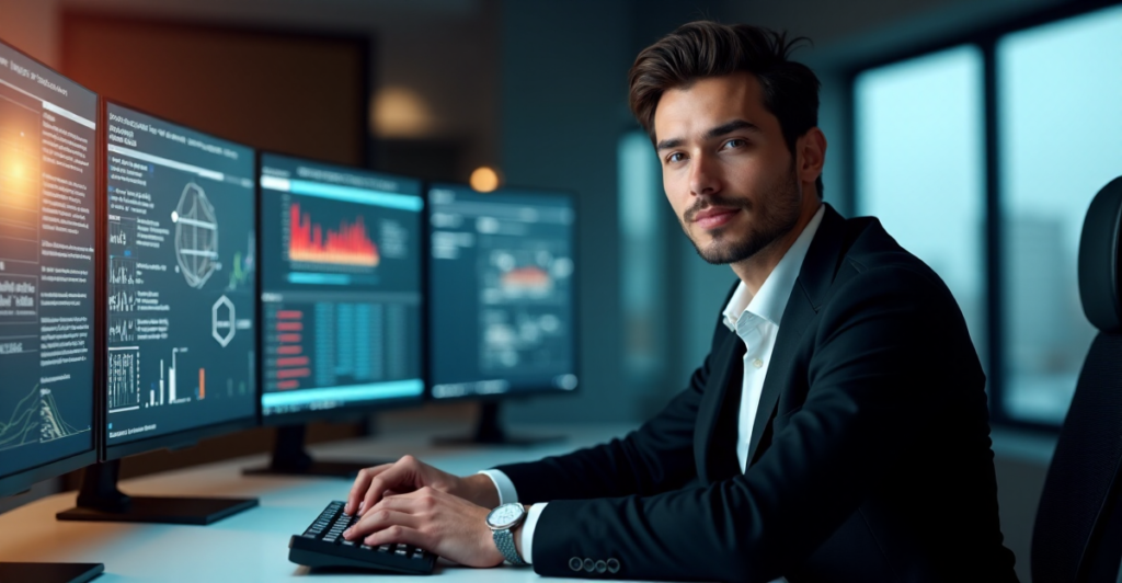 "A young professional sits confidently in front of a futuristic cybersecurity console, exuding professionalism and expertise as they prepare to tackle complex threats with future-proof skills."