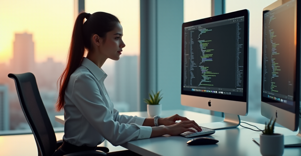 "A young professional woman sits at a modern desk, intensely focused on her laptop displaying code editor interface and AI automation tools, conveying determination and excitement for future-proof skills."