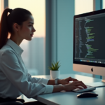 "A young professional woman sits at a modern desk, intensely focused on her laptop displaying code editor interface and AI automation tools, conveying determination and excitement for future-proof skills."