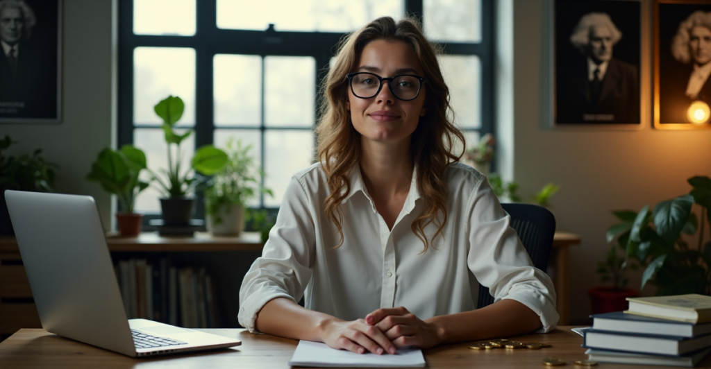 A young adult woman sits at a wooden desk, surrounded by cryptocurrency objects, with a determined expression and trendy glasses, immersed in learning blockchain technology and navigating markets to develop future-proof skills.