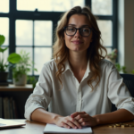 A young adult woman sits at a wooden desk, surrounded by cryptocurrency objects, with a determined expression and trendy glasses, immersed in learning blockchain technology and navigating markets to develop future-proof skills.