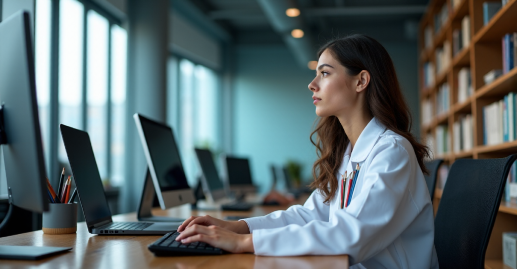 "A young woman in a white lab coat sits at a wooden desk, poised to type on a keyboard amidst computer equipment and books on cybersecurity, conveying focus and determination."