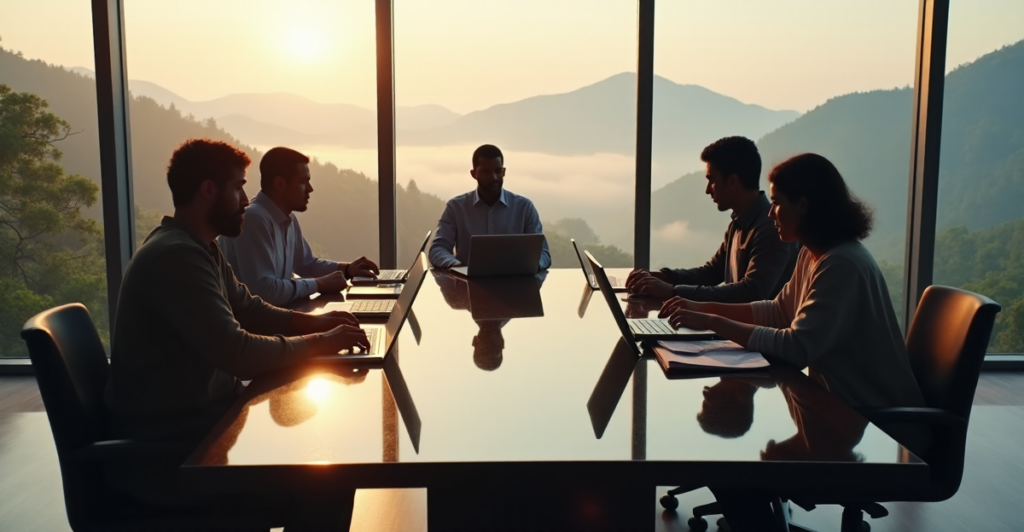 "A diverse group of professionals collaborate on a project at a modern conference table amidst a serene natural landscape, showcasing effective AI automation skills in remote work."