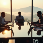 Master Effective Online Collaboration with Proven Remote Work Strategies "A diverse group of professionals collaborate on a project at a modern conference table amidst a serene natural landscape, showcasing effective AI automation skills in remote work."