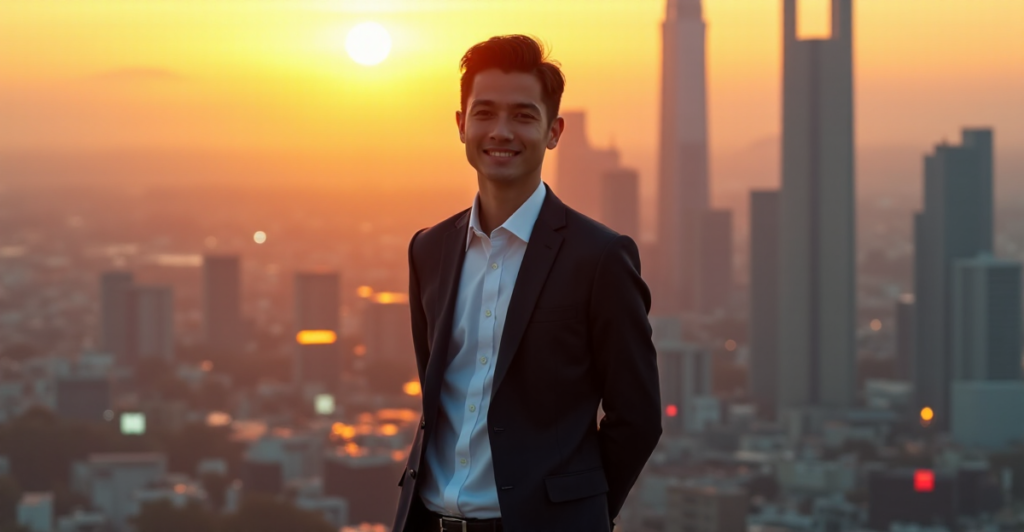 A young professional stands confidently in front of a futuristic cityscape at sunset, embodying determination and optimism with future-proof skills amidst AI-driven transformation.