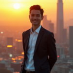 "Transforming Job Markets: How AI Automation Skills Are Revolutionizing the Future of Work" A young professional stands confidently in front of a futuristic cityscape at sunset, embodying determination and optimism with future-proof skills amidst AI-driven transformation.