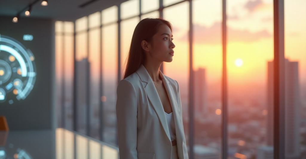 "A young professional stands confidently in front of a modern conference room with AI-inspired design elements and futuristic cityscape view."
