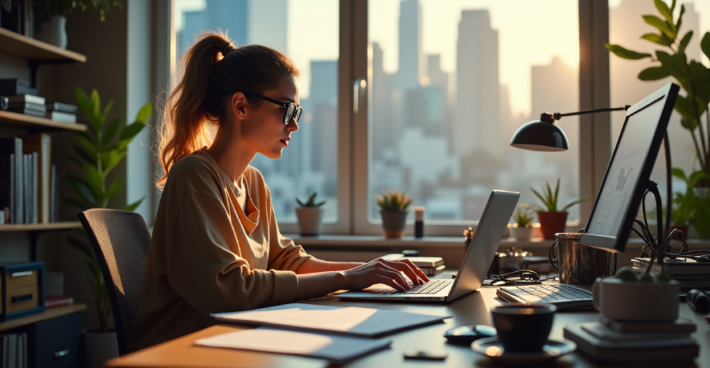 "A young woman sits at a cluttered desk, typing on her laptop with determination, surrounded by gadgets and books in a cityscape background, showcasing future-proof skills in action."