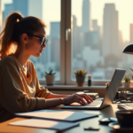 "A young woman sits at a cluttered desk, typing on her laptop with determination, surrounded by gadgets and books in a cityscape background, showcasing future-proof skills in action."
