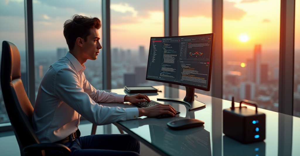 "A young professional sits confidently at a glass desk, intensely focused on AI automation metrics and coding interface on dual monitors, surrounded by cutting-edge computer hardware in a spacious office with cityscape view."