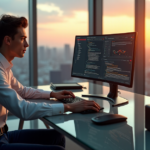 "Unlock AI Automation Skills: Mastering Essential Competencies for Digital Transformation Success in the Workplace" "A young professional sits confidently at a glass desk, intensely focused on AI automation metrics and coding interface on dual monitors, surrounded by cutting-edge computer hardware in a spacious office with cityscape view."