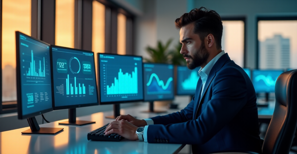 "Business executive focused on data visualization dashboard, surrounded by computer screens and laptops, conveying future-proof skills in a calm office setting."