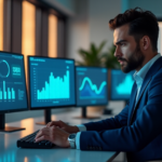 "Business executive focused on data visualization dashboard, surrounded by computer screens and laptops, conveying future-proof skills in a calm office setting."