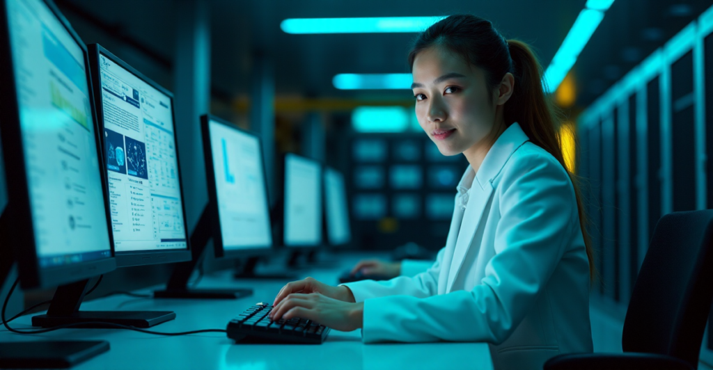 "A young cybersecurity professional sits confidently in front of a high-tech computer setup, poised to respond to threats, with a calm yet focused expression, set against a dimly lit server room background."
