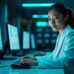 "A young cybersecurity professional sits confidently in front of a high-tech computer setup, poised to respond to threats, with a calm yet focused expression, set against a dimly lit server room background."