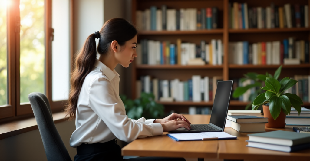 "A young professional woman sits at a wooden desk, laptop open, surrounded by books and notes on lifelong learning and career development, with AI automation skills in mind."