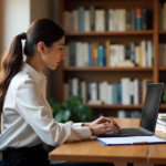"Master Lifelong Learning for Career Advancement Success" "A young professional woman sits at a wooden desk, laptop open, surrounded by books and notes on lifelong learning and career development, with AI automation skills in mind."