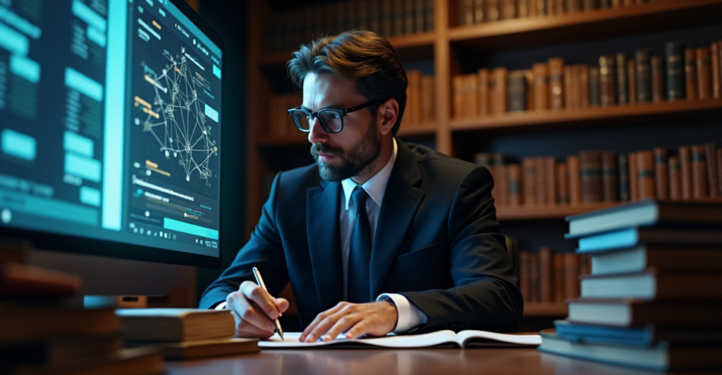 "A bespectacled lawyer studies blockchain network diagram on a computer screen amidst stacks of law books in a dimly lit room."