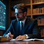 "A bespectacled lawyer studies blockchain network diagram on a computer screen amidst stacks of law books in a dimly lit room."