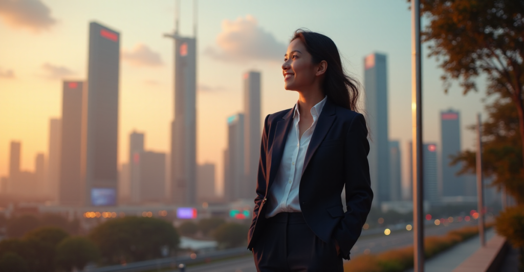 "A young professional woman stands confidently in front of a futuristic cityscape at sunset, exuding determination and optimism with AI automation skills in mind."