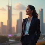Future-Proof Your Career with Confidence and Tomorrow's Essential AI-Powered Skills "A young professional woman stands confidently in front of a futuristic cityscape at sunset, exuding determination and optimism with AI automation skills in mind."