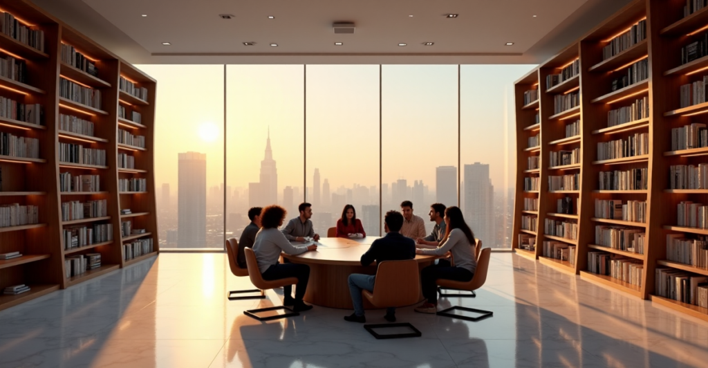 "Group discussion on blockchain technology in a modern library setting, emphasizing future-proof skills and inclusivity."