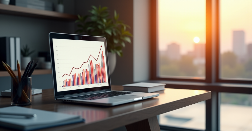 "A sleek silver laptop on a dark-wooden desk in a modern office, displaying an upward trend in cybersecurity training metrics with colorful bars and lines."