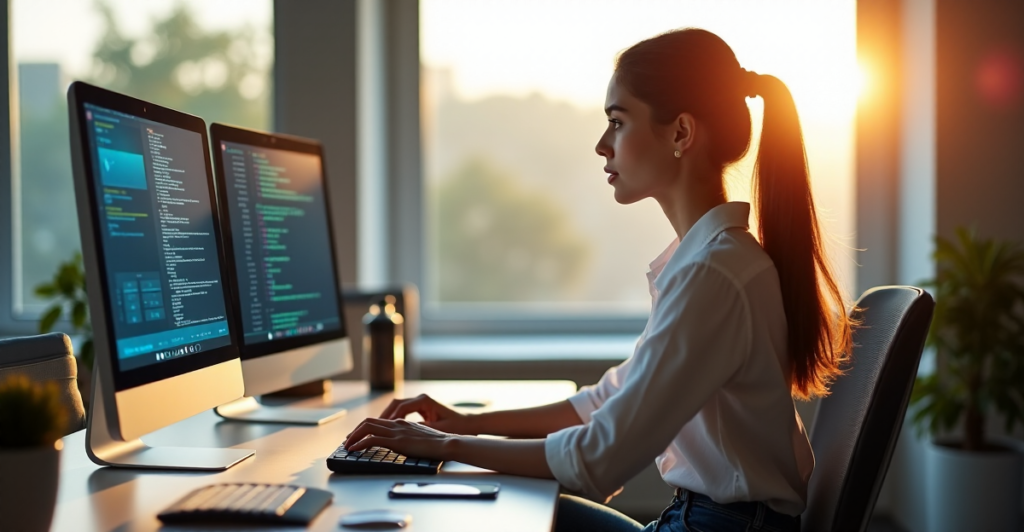 "A young professional woman sits at her desk, surrounded by AI automation tools and software, focused on developing future-proof skills in a modern office environment."
