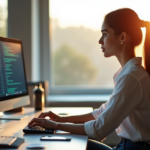 "A young professional woman sits at her desk, surrounded by AI automation tools and software, focused on developing future-proof skills in a modern office environment."