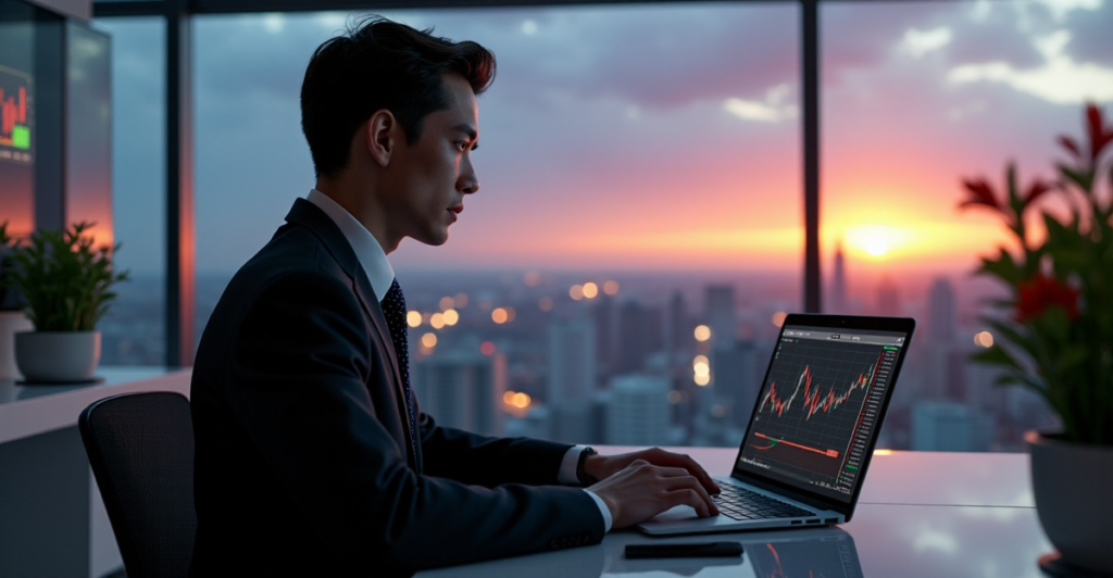 "A young professional sits at a minimalist desk, surrounded by screens displaying blockchain data and financial charts, contemplating tax implications with future-proof skills in mind."