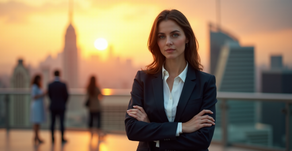 "A confident young professional woman stands in a bustling cityscape at sunset, exuding self-assurance and determination, with a subtle smile and polished appearance, highlighting the importance of future-proof skills."