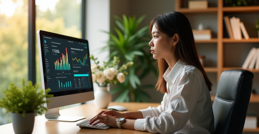 "A young professional woman sits at a minimalist desk surrounded by lush greenery, focused on her AI-powered virtual assistant displaying productivity metrics, exuding calm determination."