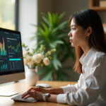 "A young professional woman sits at a minimalist desk surrounded by lush greenery, focused on her AI-powered virtual assistant displaying productivity metrics, exuding calm determination."