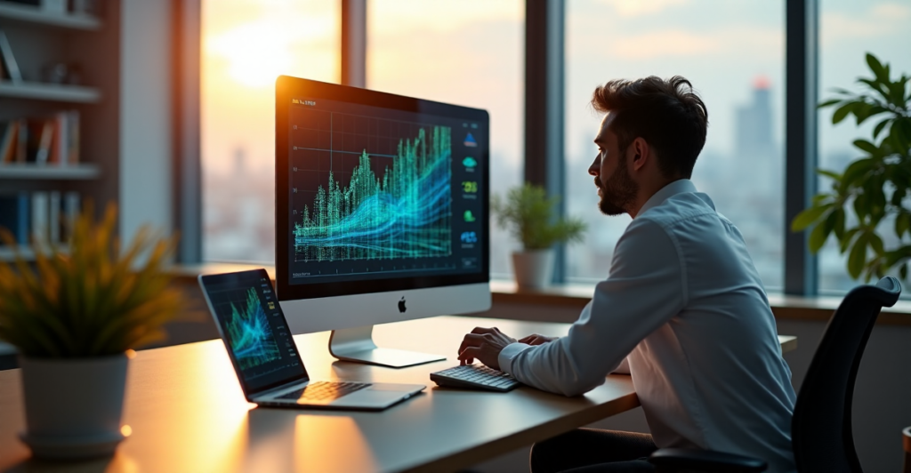 "A data analyst intensely focused on a complex machine learning algorithm visualized as a 3D graph on a high-resolution screen, showcasing AI automation skills in action."