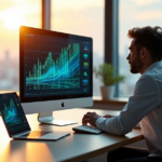 "A data analyst intensely focused on a complex machine learning algorithm visualized as a 3D graph on a high-resolution screen, showcasing AI automation skills in action."