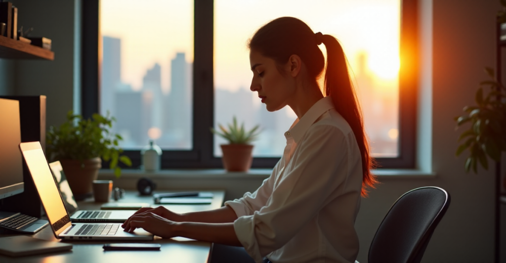 "A young woman sits at a cluttered desk, surrounded by digital devices, with a serene cityscape behind her, focused on typing with determination."