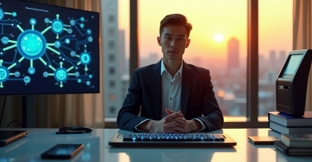A young professional sits at a desk surrounded by blockchain gadgets, books on cryptography, and a futuristic keyboard, conveying calm focus and intellectual curiosity in a modern office space with cityscape view.