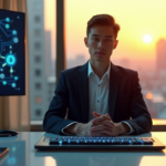 A young professional sits at a desk surrounded by blockchain gadgets, books on cryptography, and a futuristic keyboard, conveying calm focus and intellectual curiosity in a modern office space with cityscape view.