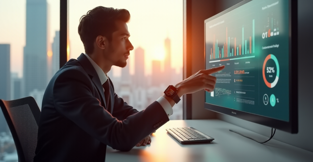 "A young professional sits confidently at a modern desk, wearing an AI-powered smartwatch, with a cityscape view behind them, showcasing a dynamic AI-powered portfolio building interface on a large touchscreen display."