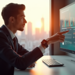 "A young professional sits confidently at a modern desk, wearing an AI-powered smartwatch, with a cityscape view behind them, showcasing a dynamic AI-powered portfolio building interface on a large touchscreen display."