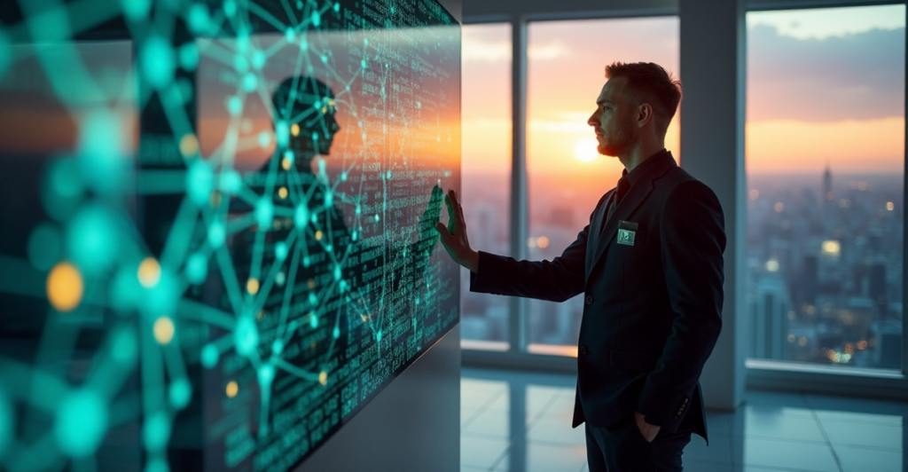 "A data scientist stands confidently in front of a floor-to-ceiling AI visualization screen with vibrant colors, guiding data flow with hands on screen."