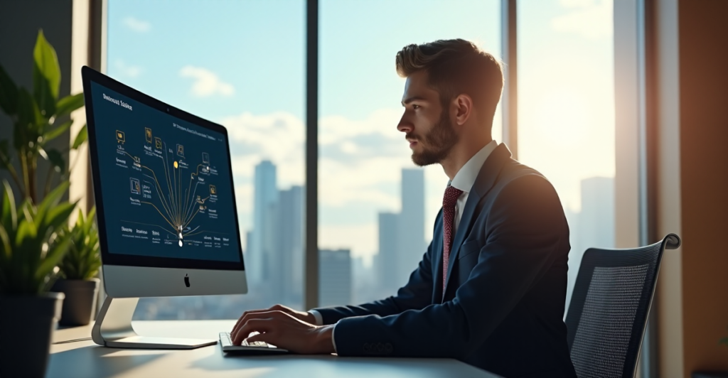 "A young professional sits confidently at a minimalist desk, gazing intently at a 4K monitor displaying an intricate roadmap of interconnected nodes representing online development success strategy with AI Automation Skills."