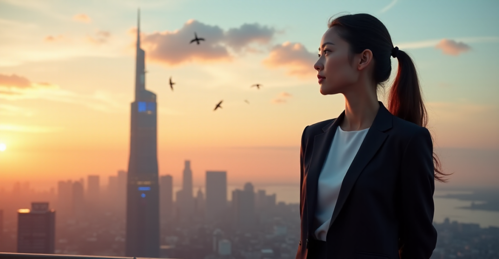 "A young professional stands confidently in front of a futuristic cityscape at sunset, gazing out at an AI-powered skyscraper with determination and optimism."