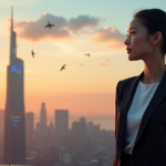 "A young professional stands confidently in front of a futuristic cityscape at sunset, gazing out at an AI-powered skyscraper with determination and optimism."