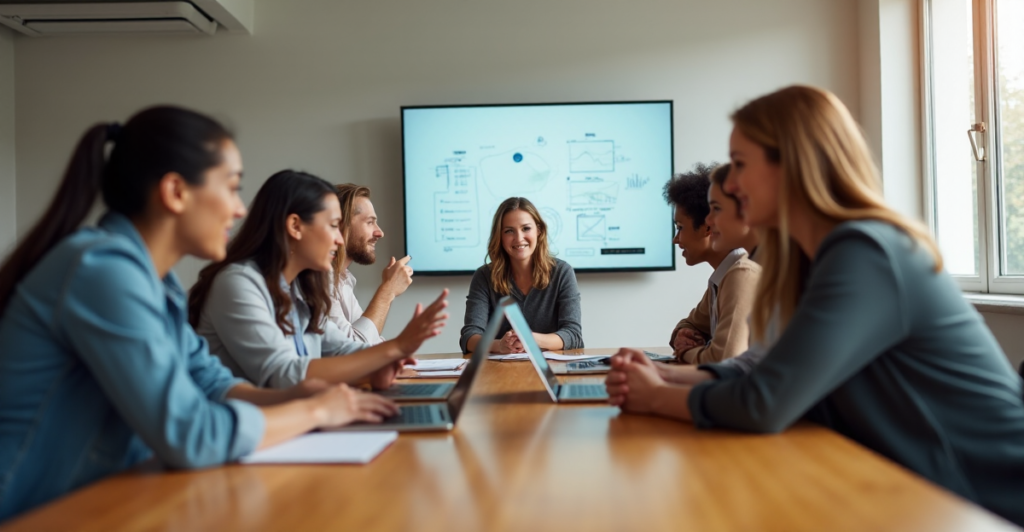 "A diverse group of professionals collaborate around a conference table, discussing AI automation skills and remote work strategies in a modern, well-lit room."