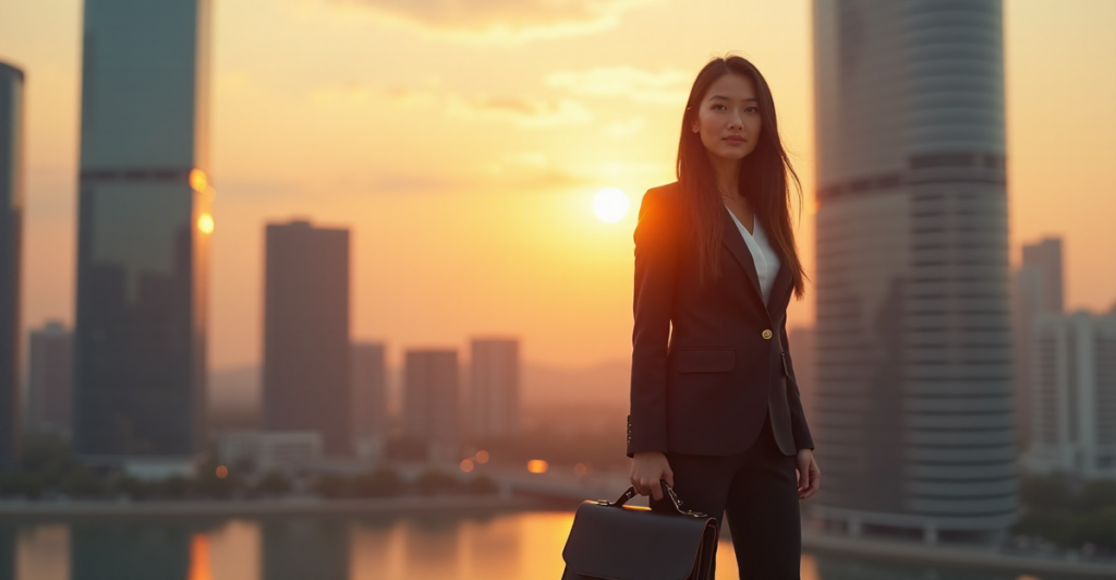 "A young professional woman stands confidently in front of a modern cityscape at sunset, embodying career advancement strategies with AI automation skills in mind."
