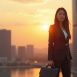"Master Career Advancement Strategies for a Future-Ready Workforce" "A young professional woman stands confidently in front of a modern cityscape at sunset, embodying career advancement strategies with AI automation skills in mind."